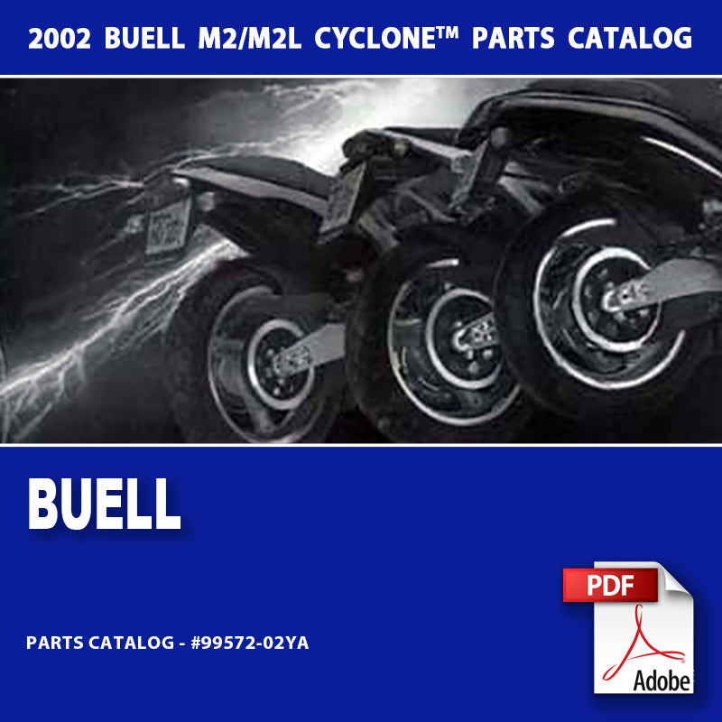 2002 Buell M2/M2L Cyclone parts catalog cover with motorcycle image and Adobe PDF logo.