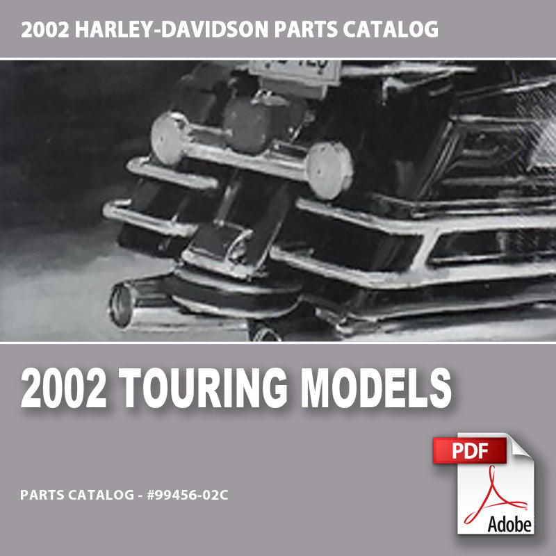 2002 Harley-Davidson parts catalog cover with motorcycle image and Adobe PDF icon.