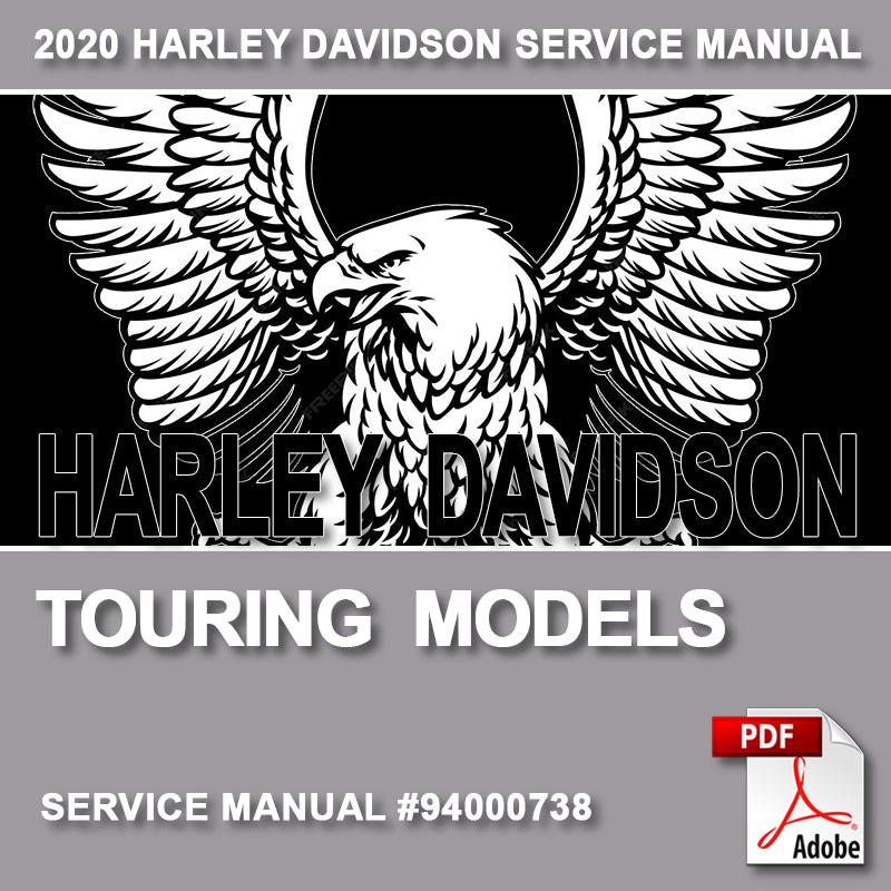 Harley Davidson touring models service manual cover with eagle logo and PDF icon.