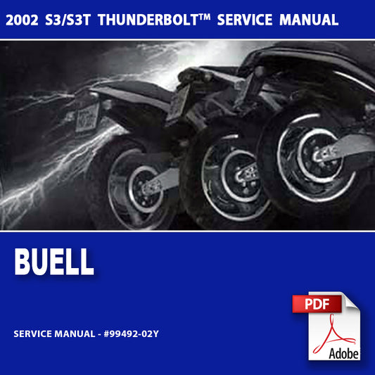 Buell 2002 S3/S3T Thunderbolt service manual cover with motorcycle image and Adobe PDF logo.