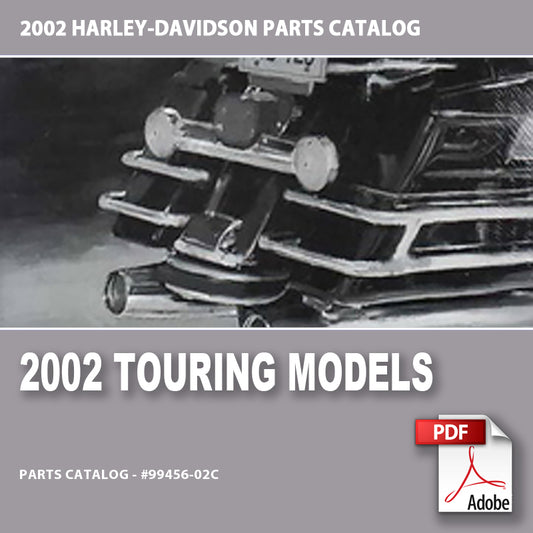 2002 Harley-Davidson parts catalog cover with motorcycle image and Adobe PDF icon.