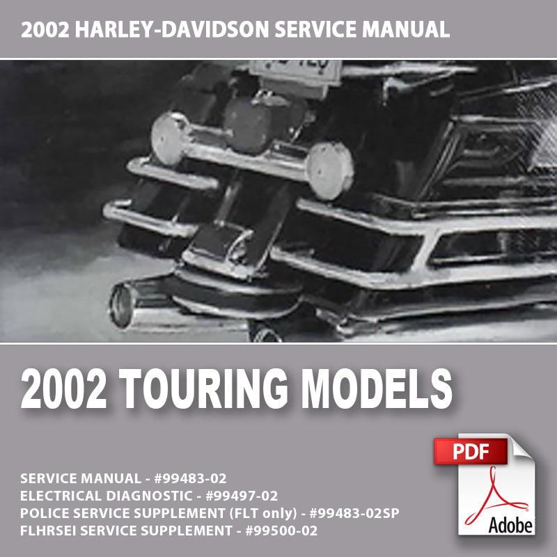 2002 Harley-Davidson touring models service manual cover with motorcycle image.