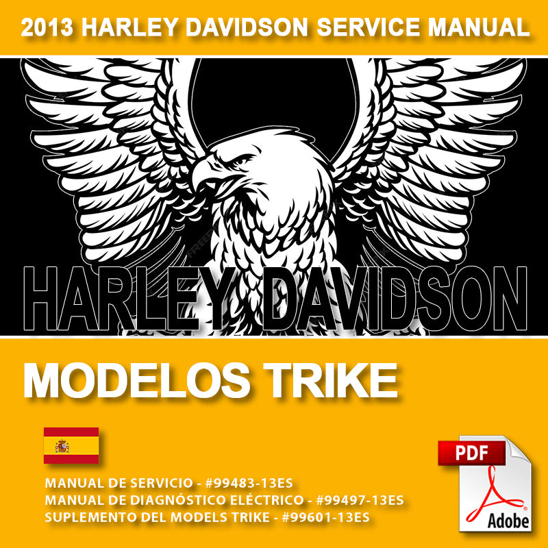 Harley Davidson Modelos Trike service manual cover with eagle logo and Adobe PDF icon.