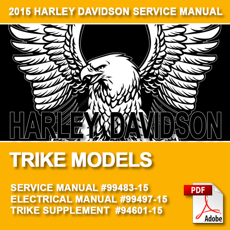 Harley Davidson trike models service manual cover with eagle logo and Adobe PDF icon.