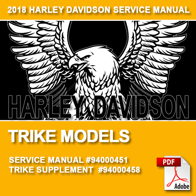 Harley Davidson trike models service manual cover with eagle logo and Adobe PDF icon.