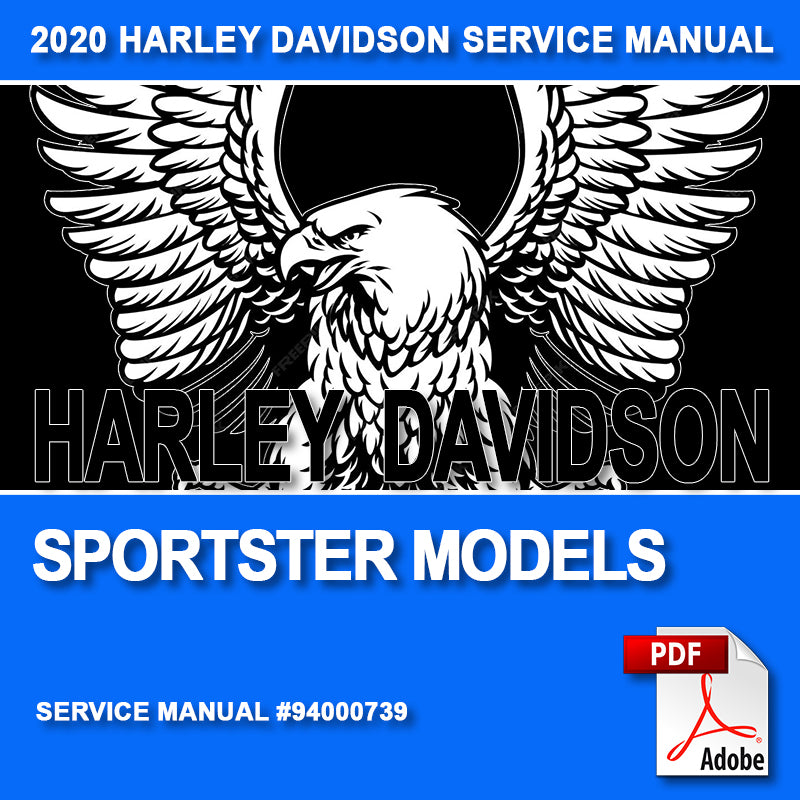 Harley Davidson Sportster Models service manual cover with eagle logo and Adobe PDF icon.