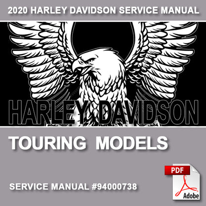 Harley Davidson touring models service manual cover with eagle logo and PDF icon.