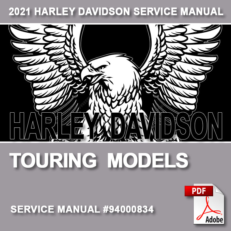 Harley Davidson touring models service manual cover with eagle logo and PDF icon.