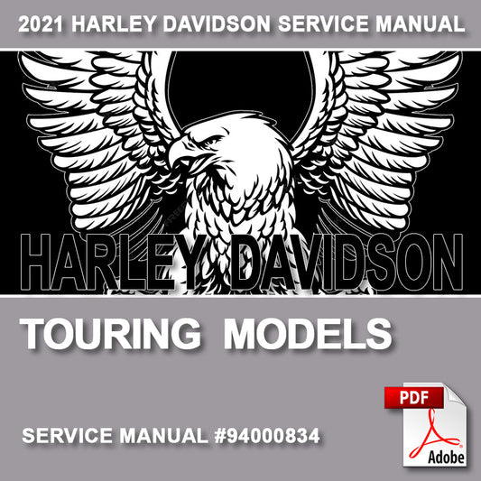 Harley Davidson touring models service manual cover with eagle logo and PDF icon.