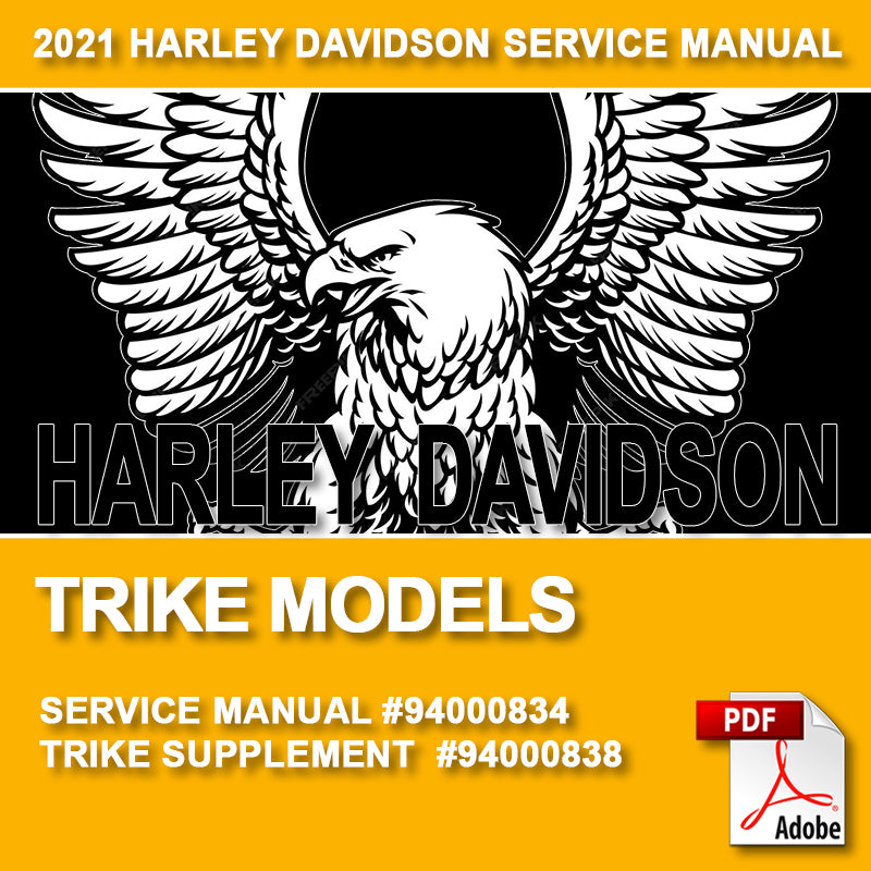 Harley Davidson trike models service manual cover with eagle logo and Adobe PDF icon.