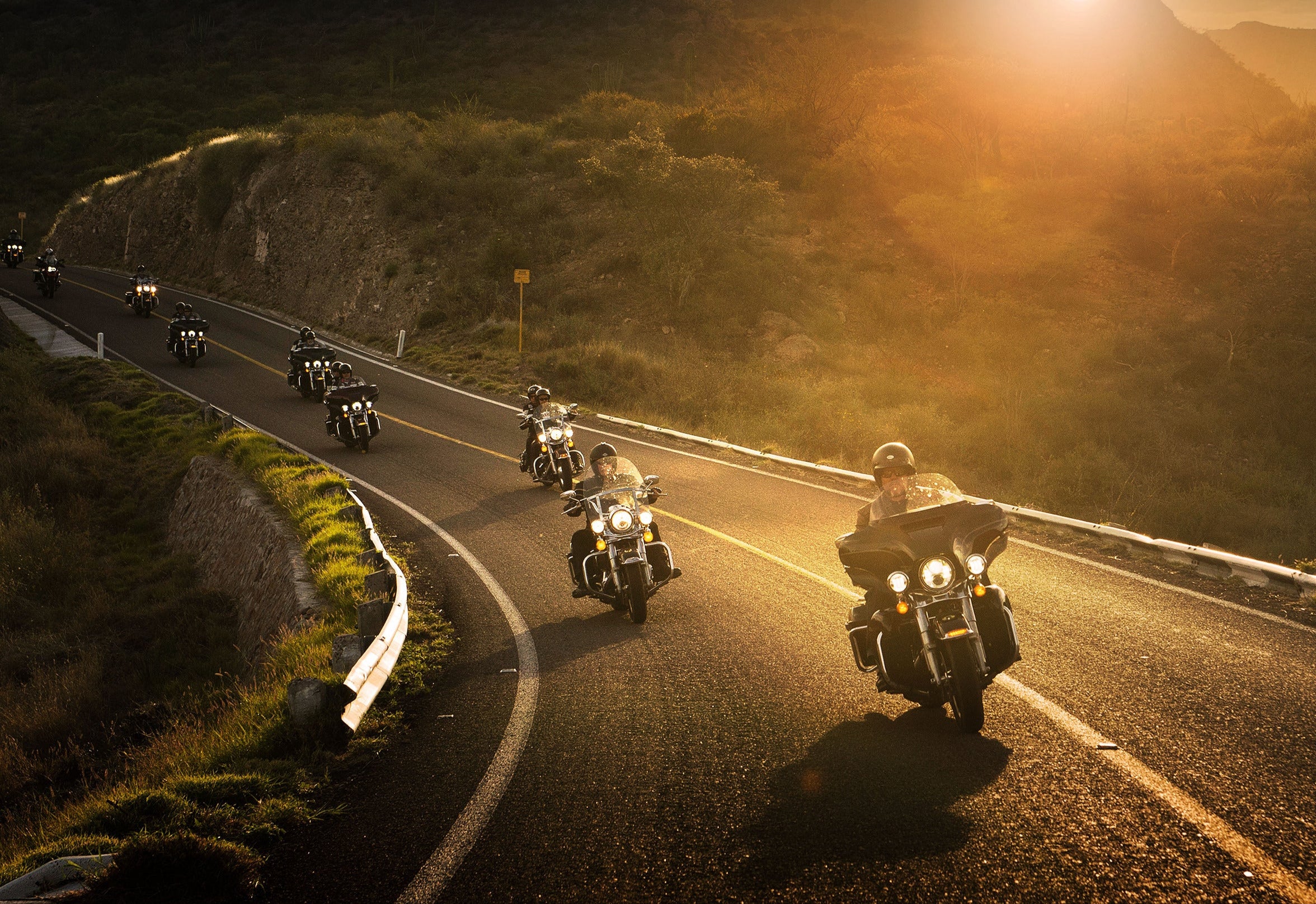 Harley Davidson Motorcyclists riding on a winding road during sunset.